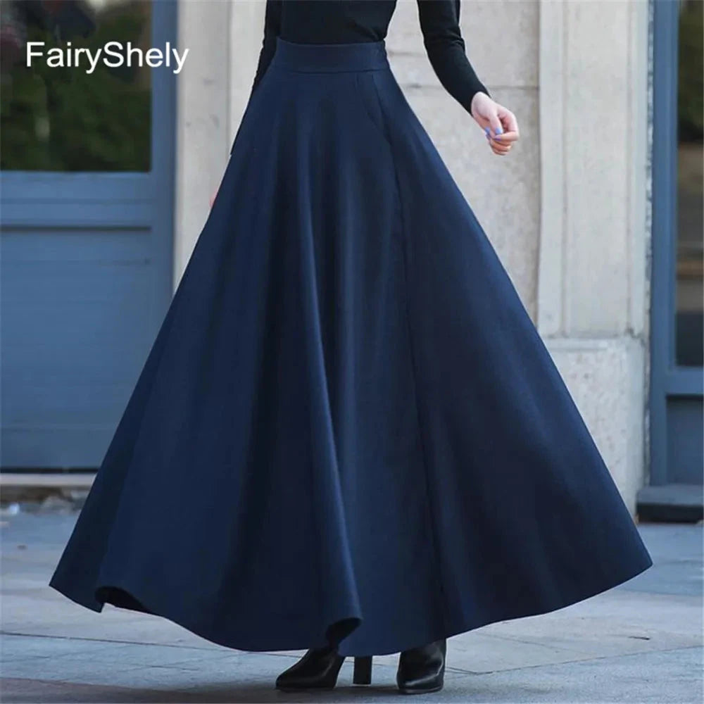 FairyShely 2025 Autumn Winter Retro High Waist Pleated Skirt Women Casual Pocket Woolen Maxi Skirt female Flare Red Long skirt GlowCart