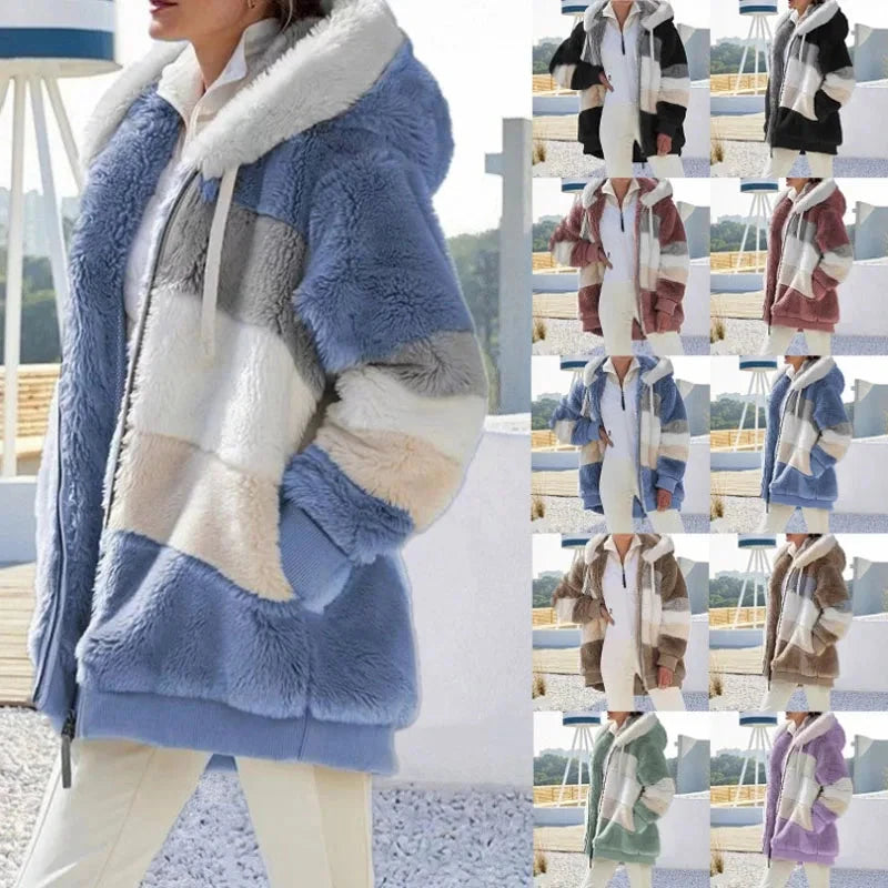 2024 Autumn Winter  Warm Plush Patchwork Zipper Pocket GlowCart