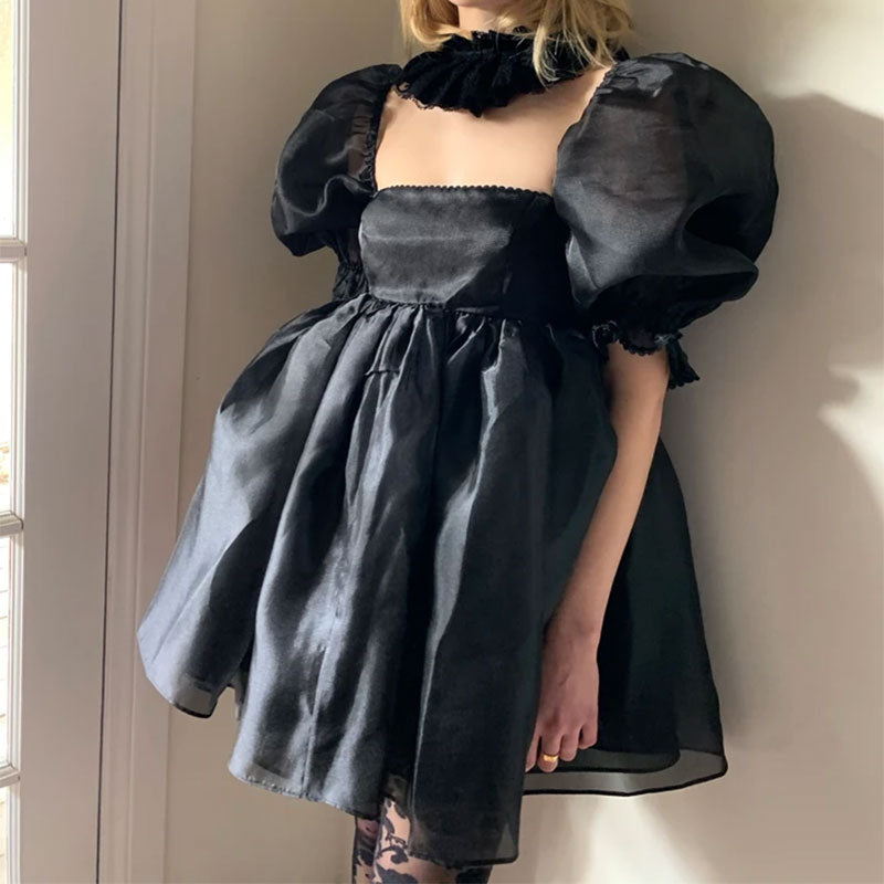 Women Puff Sleeve Tulle Tutu Princess Dress Square Collar GlowCart