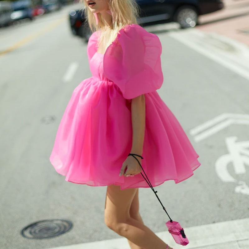 Women Puff Sleeve Tulle Tutu Princess Dress Square Collar GlowCart