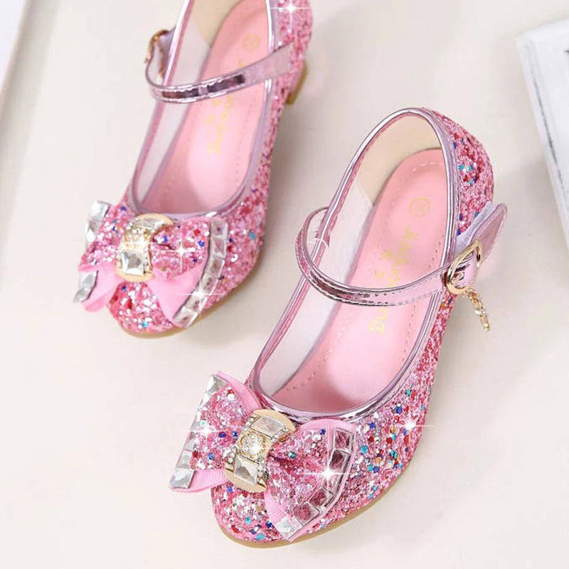 Princess Kids Leather Shoes for Girls Flower Casual Glitter Children High Heel Girls Shoes Butterfly Knot Blue Pink Silver GlowCart