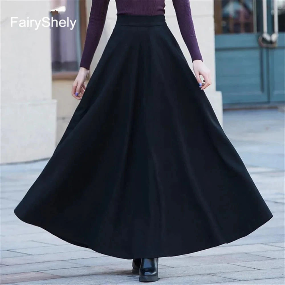 FairyShely 2025 Autumn Winter Retro High Waist Pleated Skirt Women Casual Pocket Woolen Maxi Skirt female Flare Red Long skirt GlowCart