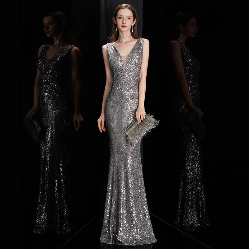 DEERVEADO Elegant V Neck Sequin Evening Dress Long 2025 New GlowCart
