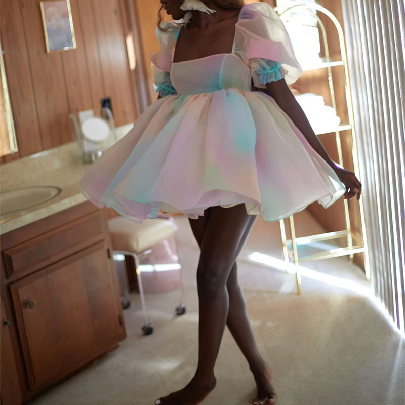 Women Puff Sleeve Tulle Tutu Princess Dress Square Collar GlowCart