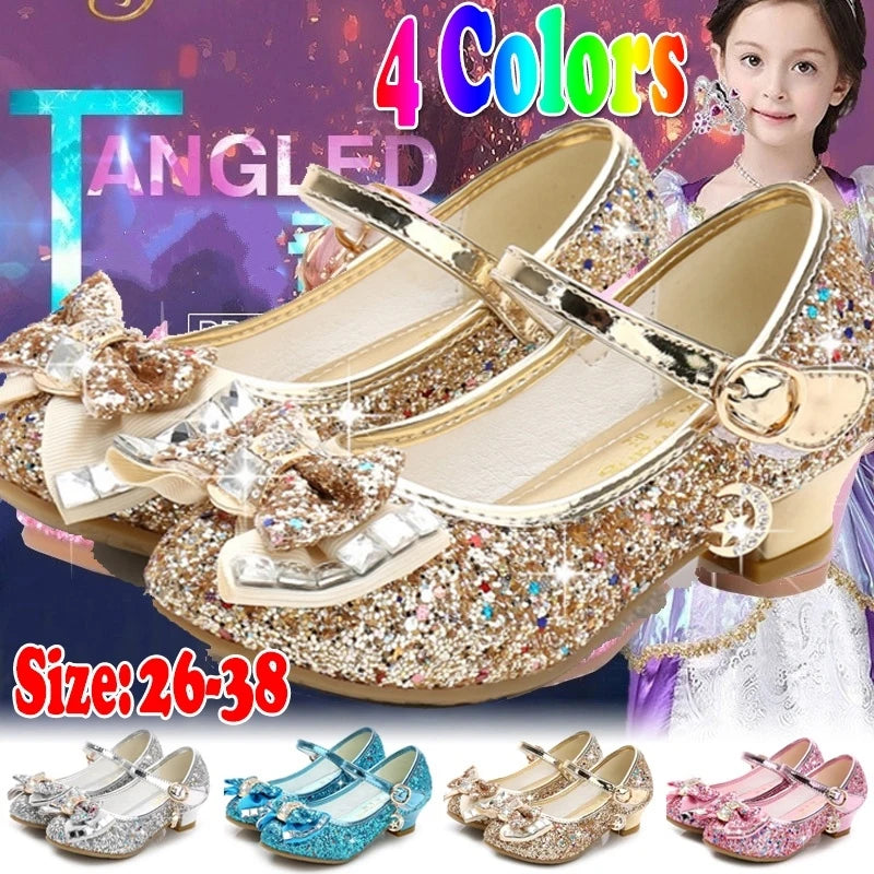 Princess Kids Leather Shoes for Girls Flower Casual Glitter Children High Heel Girls Shoes Butterfly Knot Blue Pink Silver GlowCart