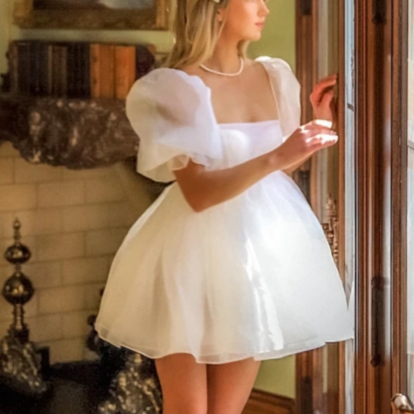 Women Puff Sleeve Tulle Tutu Princess Dress Square Collar GlowCart