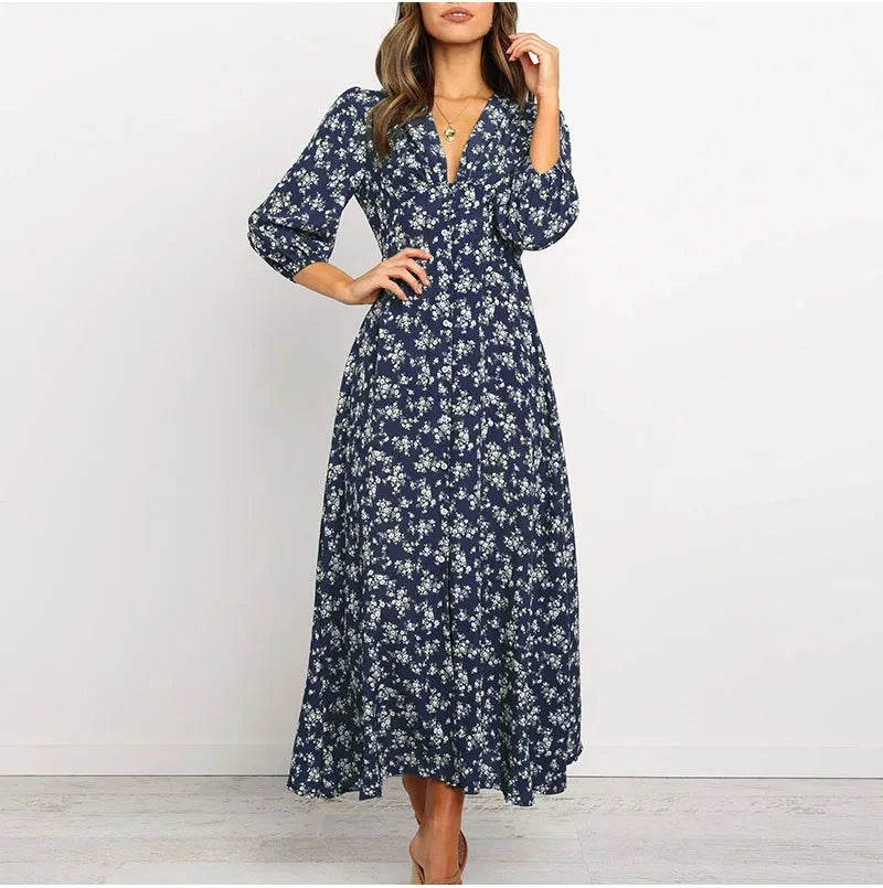 Women's Summer Bohemian Floral Print Long Maxi Dress Retro GlowCart