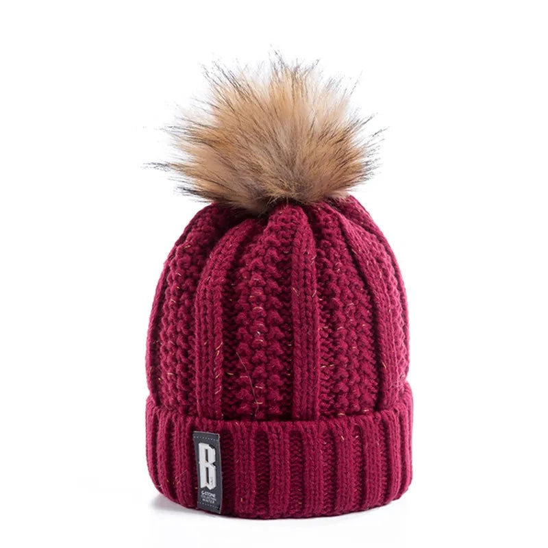 New Women Hat High Quality Add Fur Lined Pompoms Winter Hat GlowCart