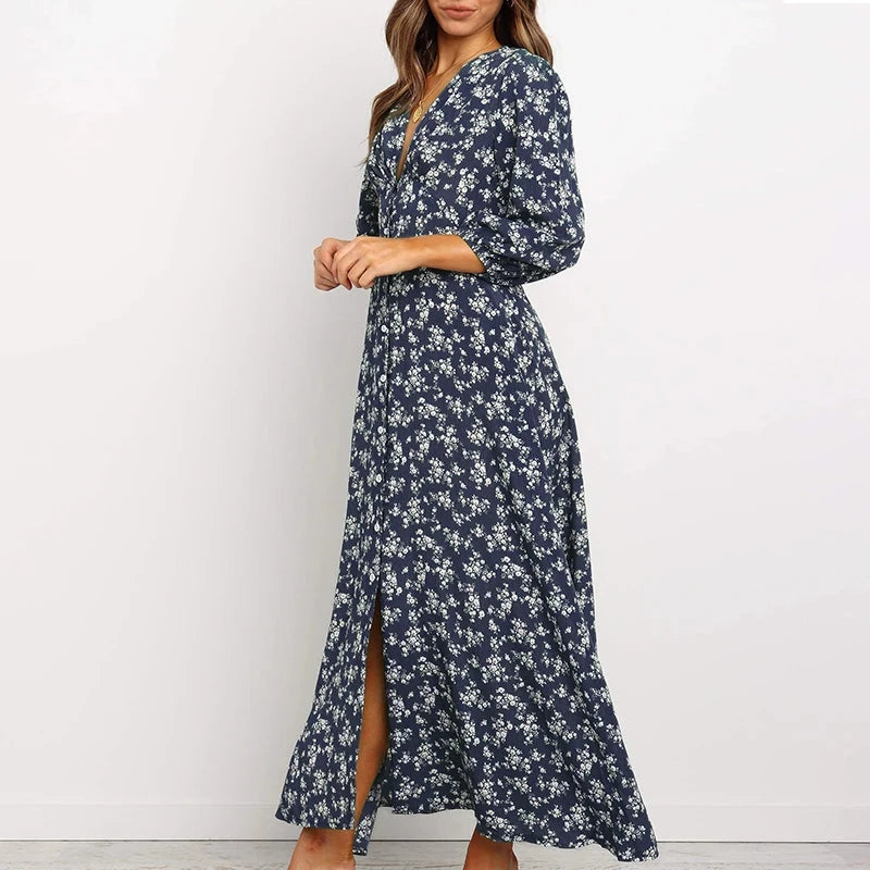 Women's Summer Bohemian Floral Print Long Maxi Dress Retro GlowCart