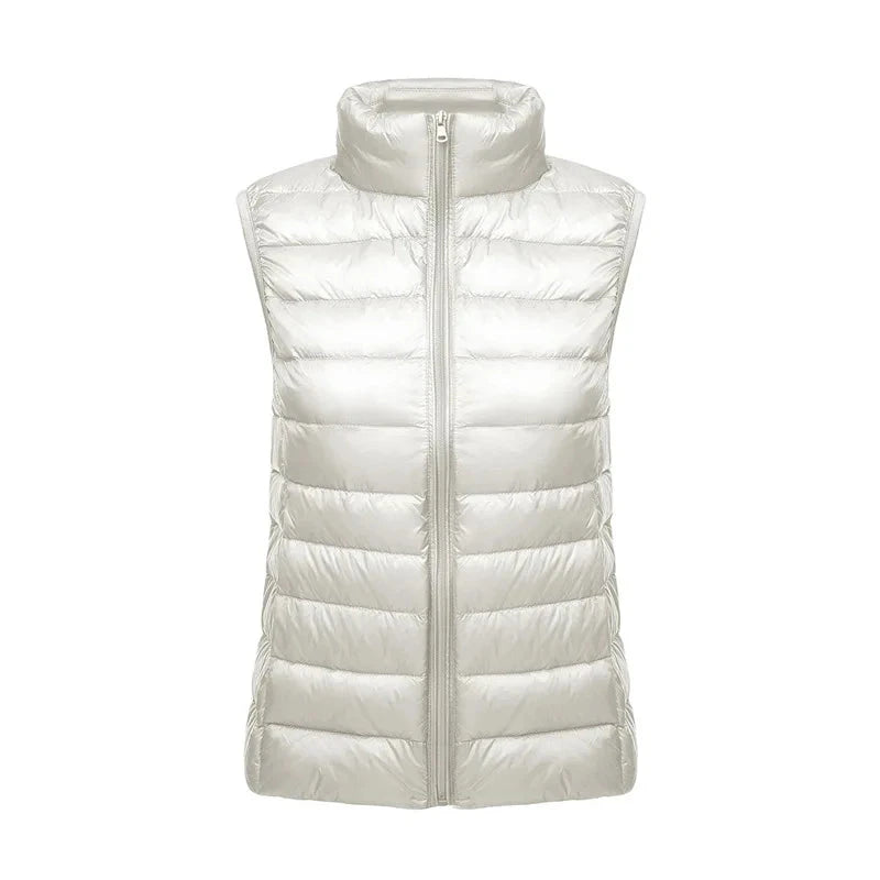 White Stand Collar Women's Sleeveless Down Vest Coat Winter GlowCart