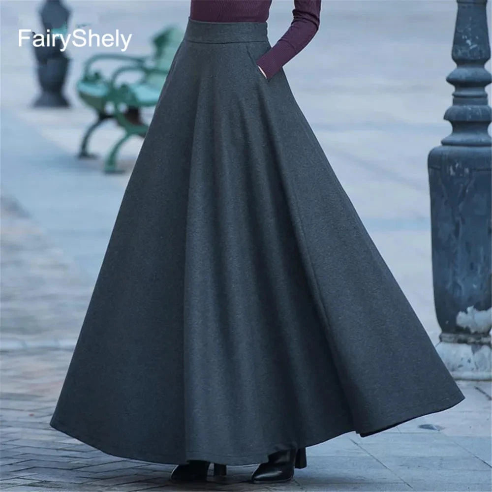 FairyShely 2025 Autumn Winter Retro High Waist Pleated Skirt Women Casual Pocket Woolen Maxi Skirt female Flare Red Long skirt GlowCart