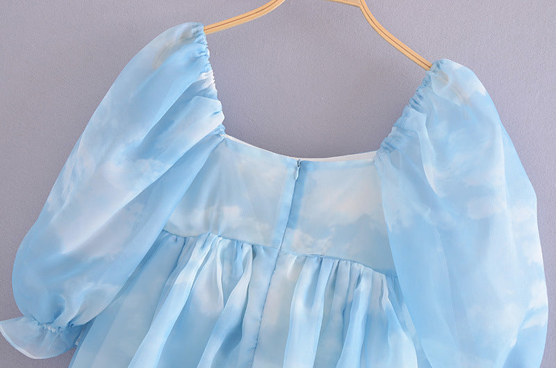Women Puff Sleeve Tulle Tutu Princess Dress Square Collar GlowCart