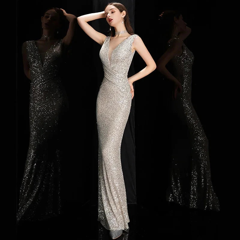 DEERVEADO Elegant V Neck Sequin Evening Dress Long 2025 New GlowCart