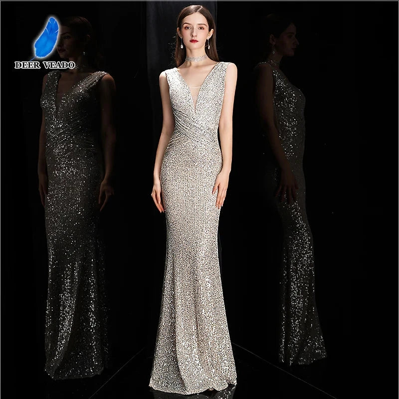 DEERVEADO Elegant V Neck Sequin Evening Dress Long 2025 New GlowCart