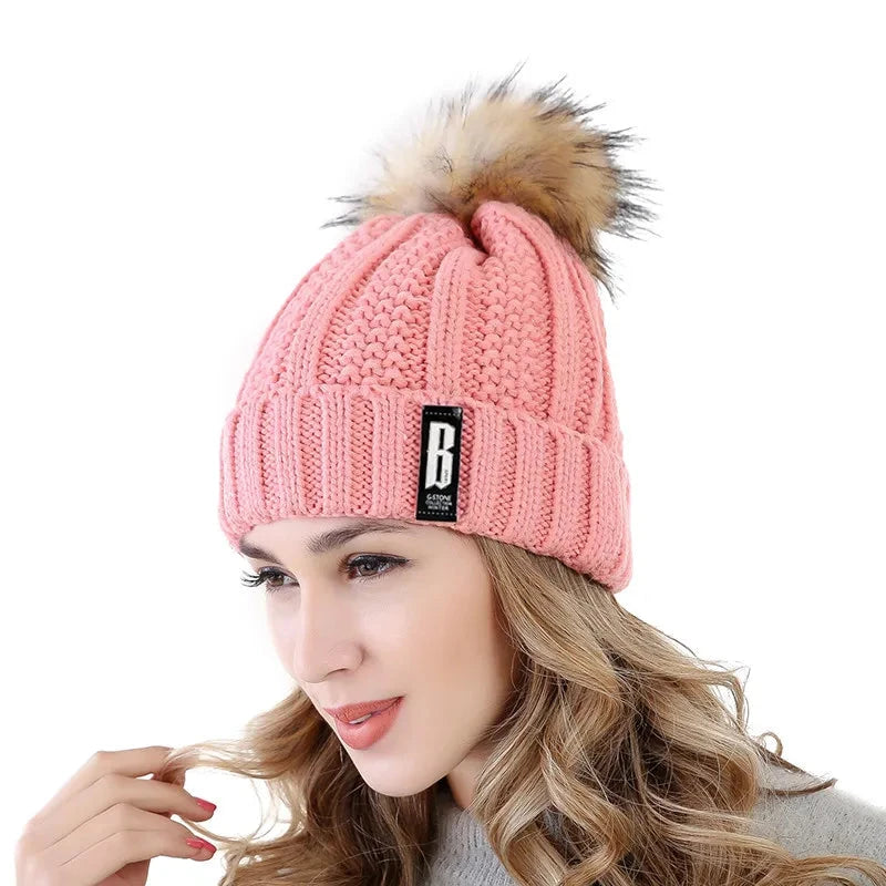 New Women Hat High Quality Add Fur Lined Pompoms Winter Hat GlowCart