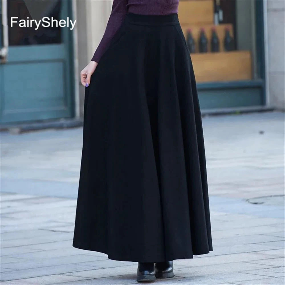 FairyShely 2025 Autumn Winter Retro High Waist Pleated Skirt Women Casual Pocket Woolen Maxi Skirt female Flare Red Long skirt GlowCart