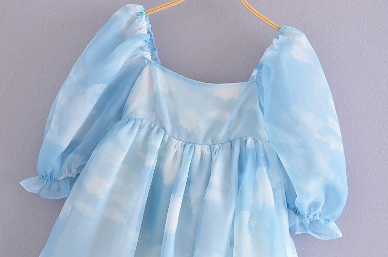 Women Puff Sleeve Tulle Tutu Princess Dress Square Collar GlowCart