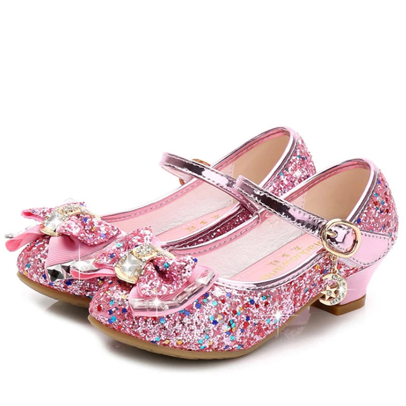 Princess Kids Leather Shoes for Girls Flower Casual Glitter Children High Heel Girls Shoes Butterfly Knot Blue Pink Silver GlowCart
