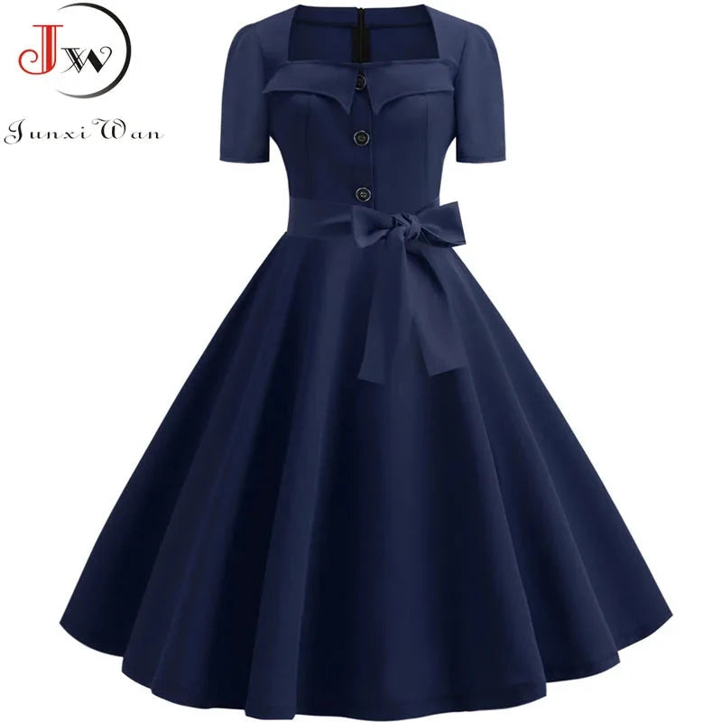 Women Square Collar Elegant Vintage Summer Dress Short GlowCart