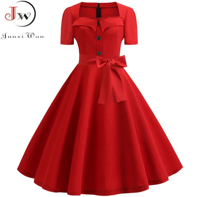 Women Square Collar Elegant Vintage Summer Dress Short GlowCart