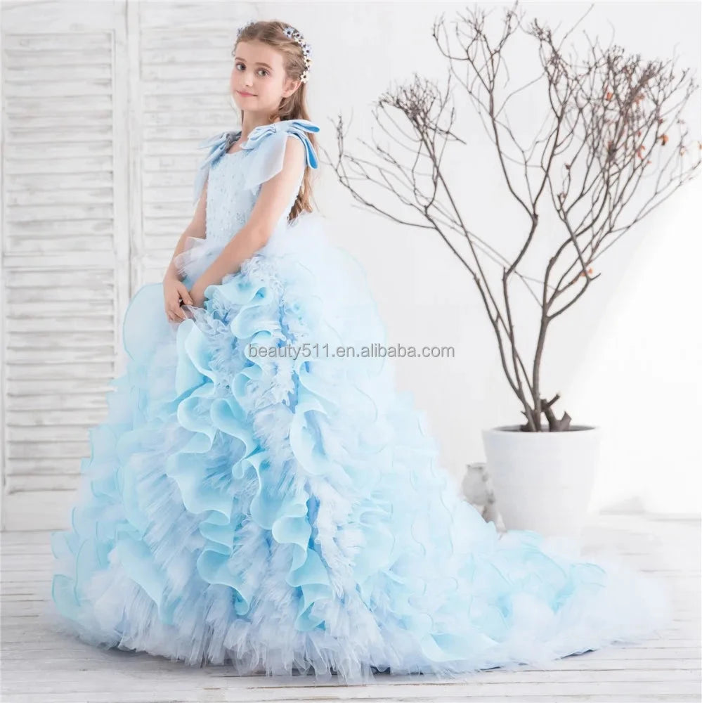 New Lace Applique Blue Princess Puffy Wedding Flower Girls GlowCart