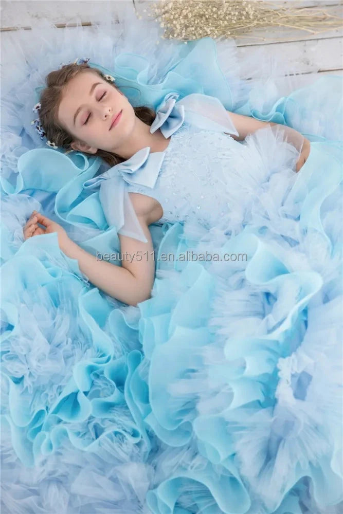 New Lace Applique Blue Princess Puffy Wedding Flower Girls GlowCart