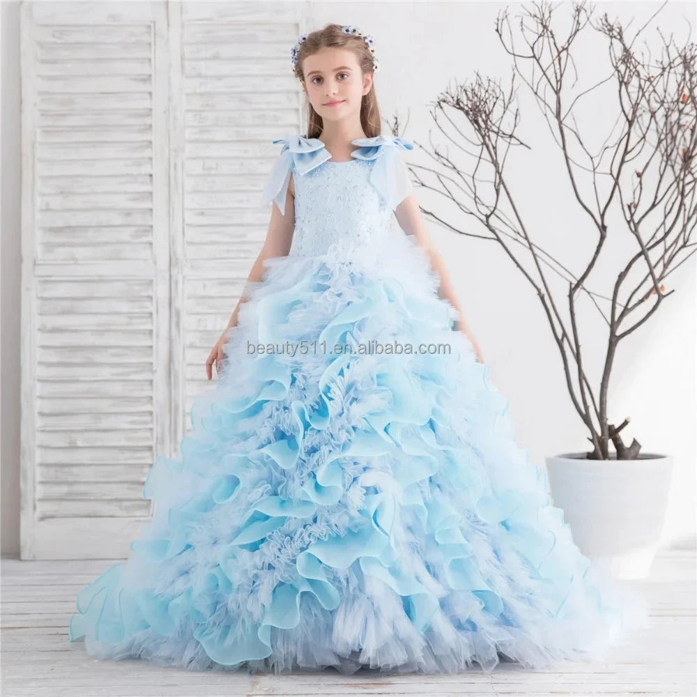 New Lace Applique Blue Princess Puffy Wedding Flower Girls GlowCart