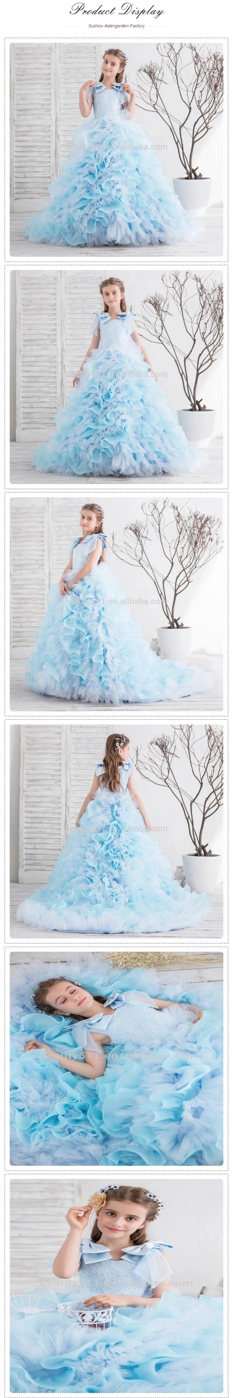 New Lace Applique Blue Princess Puffy Wedding Flower Girls GlowCart