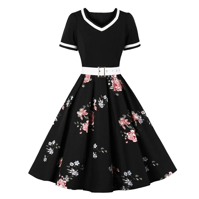 Tonval Vintage 50s Ladies Floral Pleated Rockabilly Dress GlowCart