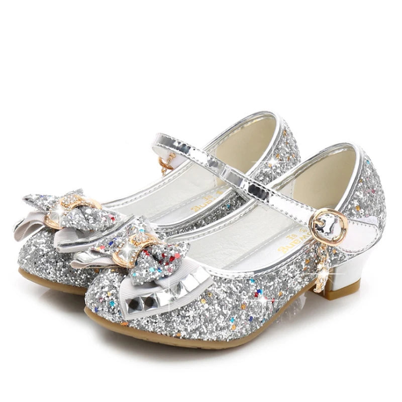 Princess Kids Leather Shoes for Girls Flower Casual Glitter Children High Heel Girls Shoes Butterfly Knot Blue Pink Silver GlowCart
