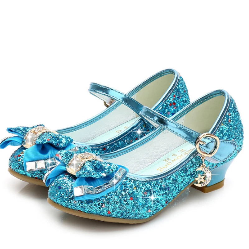Princess Kids Leather Shoes for Girls Flower Casual Glitter Children High Heel Girls Shoes Butterfly Knot Blue Pink Silver GlowCart