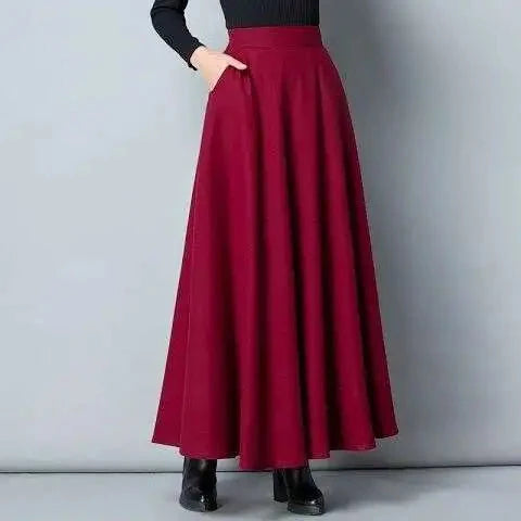 FairyShely 2025 Autumn Winter Retro High Waist Pleated Skirt Women Casual Pocket Woolen Maxi Skirt female Flare Red Long skirt GlowCart