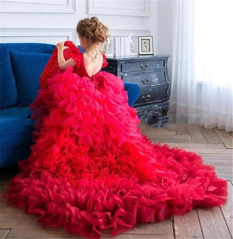 Red Gauze Ball Gown Dress for Girls Princess Style Floral GlowCart