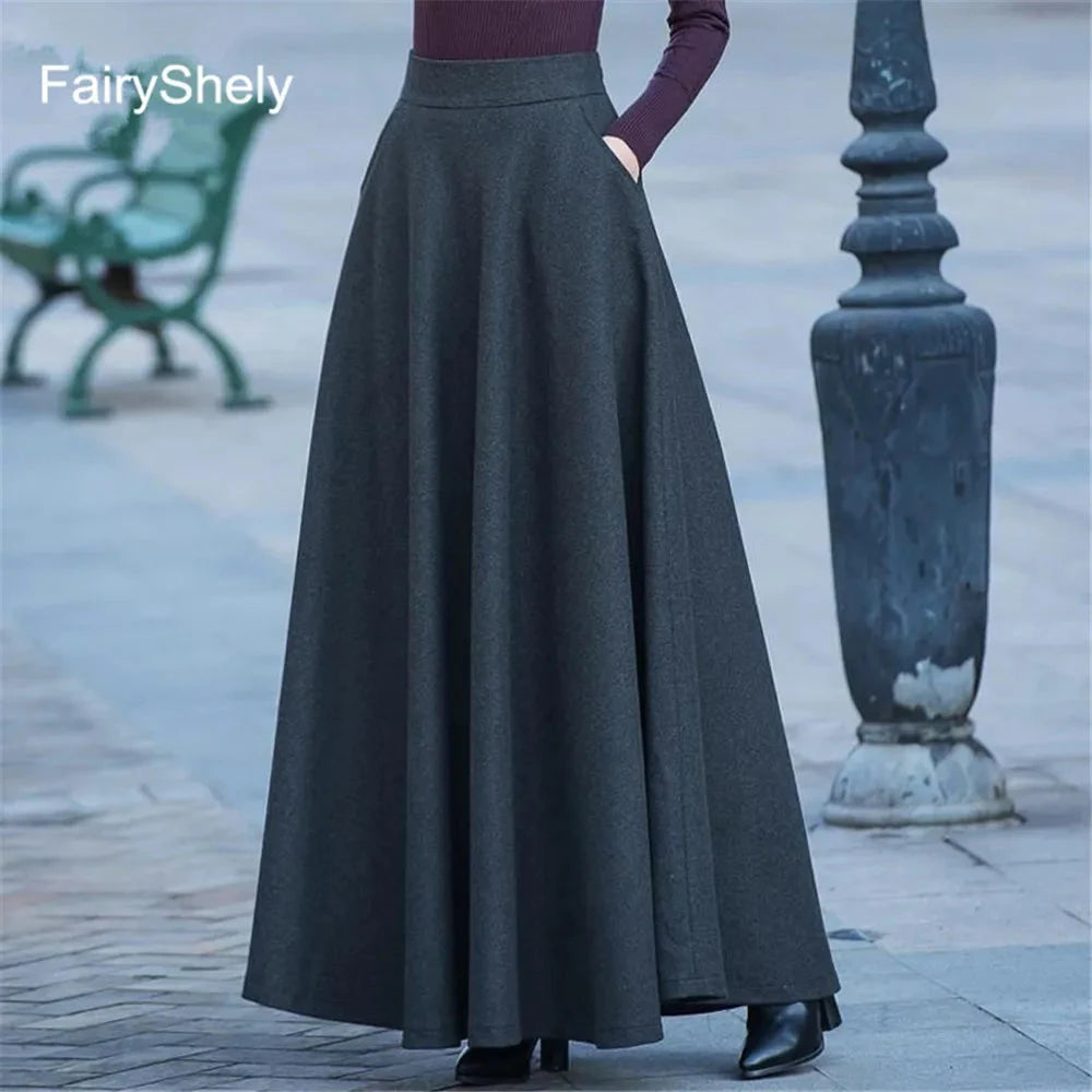 FairyShely 2025 Autumn Winter Retro High Waist Pleated Skirt Women Casual Pocket Woolen Maxi Skirt female Flare Red Long skirt GlowCart
