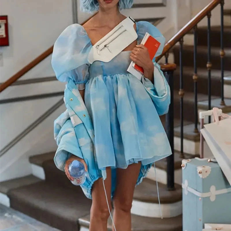 Women Puff Sleeve Tulle Tutu Princess Dress Square Collar GlowCart