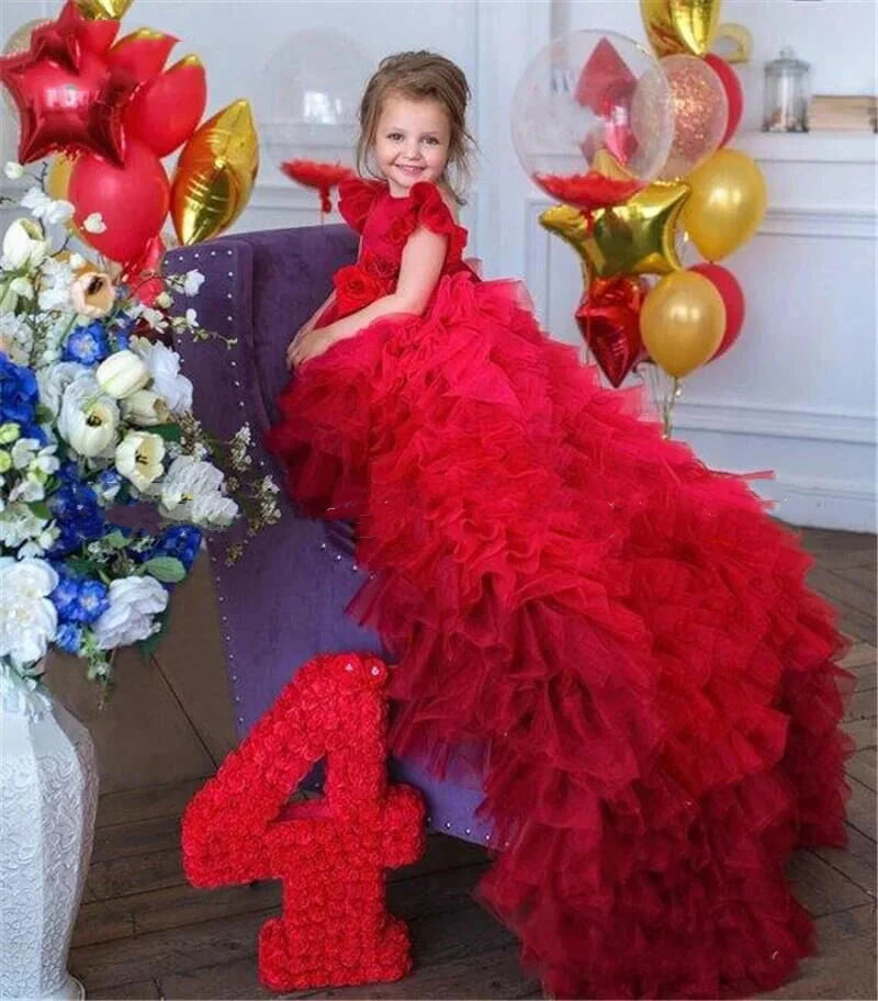 Red Gauze Ball Gown Dress for Girls Princess Style Floral GlowCart