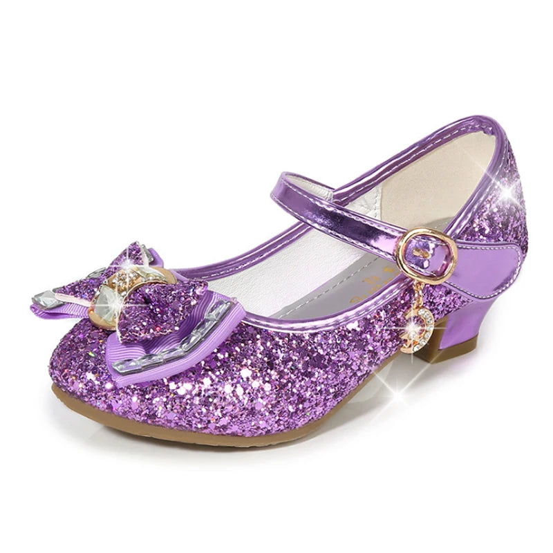 Princess Kids Leather Shoes for Girls Flower Casual Glitter Children High Heel Girls Shoes Butterfly Knot Blue Pink Silver GlowCart