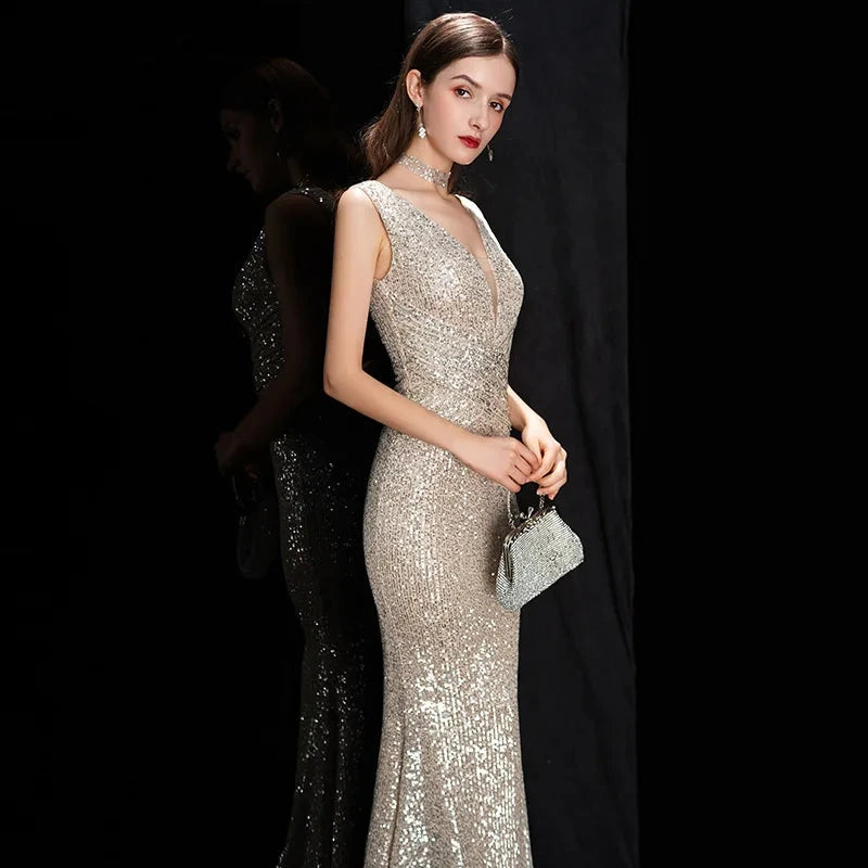 DEERVEADO Elegant V Neck Sequin Evening Dress Long 2025 New GlowCart