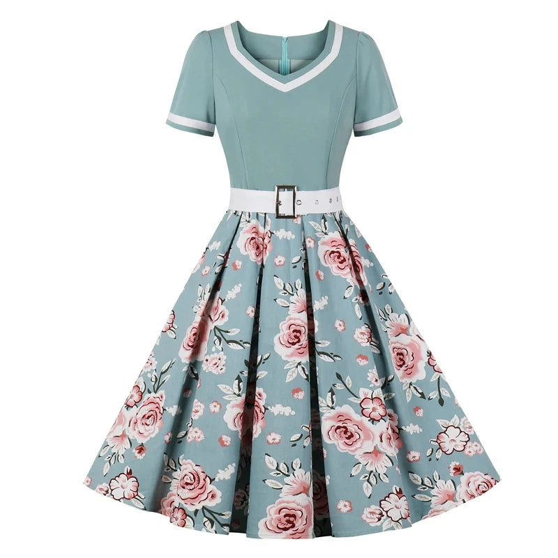 Tonval Vintage 50s Ladies Floral Pleated Rockabilly Dress GlowCart