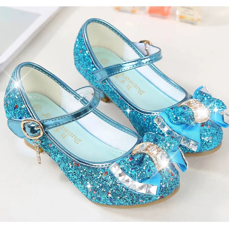 Princess Kids Leather Shoes for Girls Flower Casual Glitter Children High Heel Girls Shoes Butterfly Knot Blue Pink Silver GlowCart