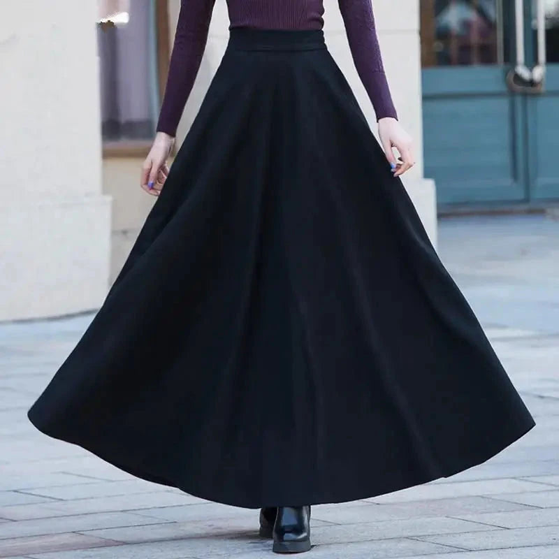 FairyShely 2025 Autumn Winter Retro High Waist Pleated Skirt Women Casual Pocket Woolen Maxi Skirt female Flare Red Long skirt GlowCart
