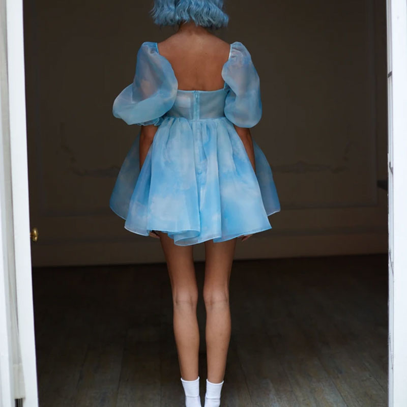 Women Puff Sleeve Tulle Tutu Princess Dress Square Collar GlowCart