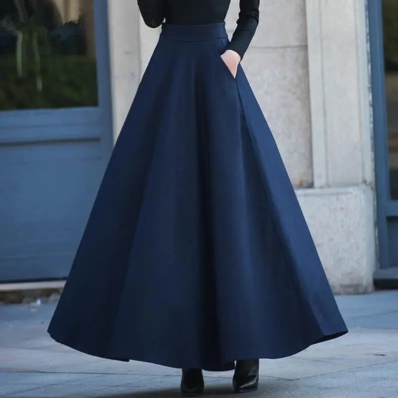 FairyShely 2025 Autumn Winter Retro High Waist Pleated Skirt Women Casual Pocket Woolen Maxi Skirt female Flare Red Long skirt GlowCart