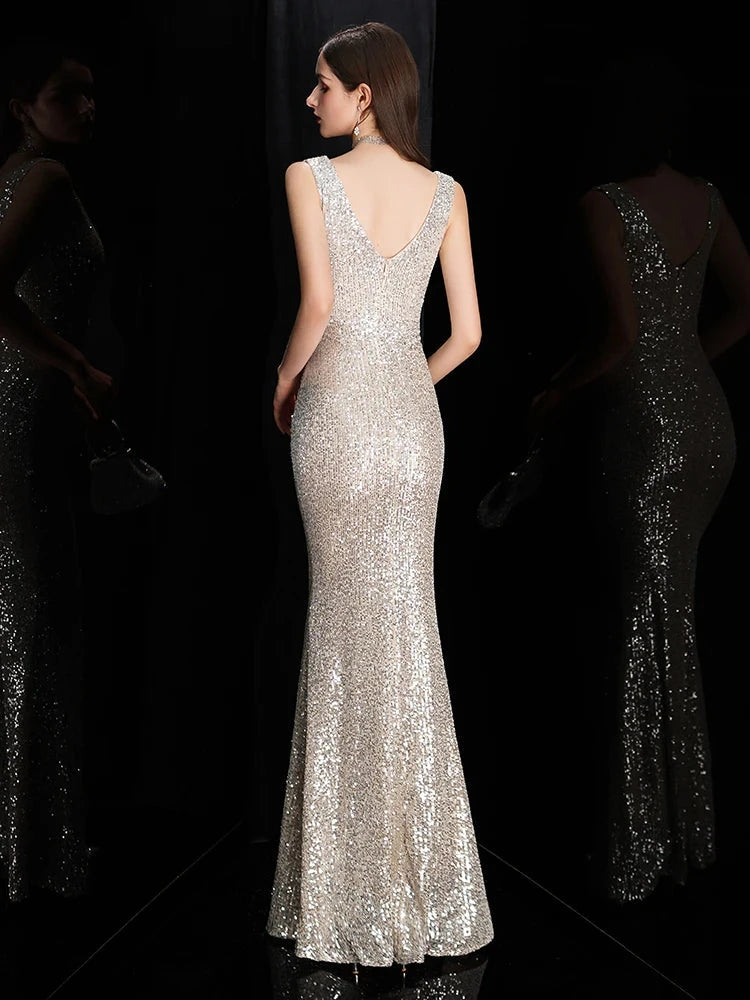 DEERVEADO Elegant V Neck Sequin Evening Dress Long 2025 New GlowCart