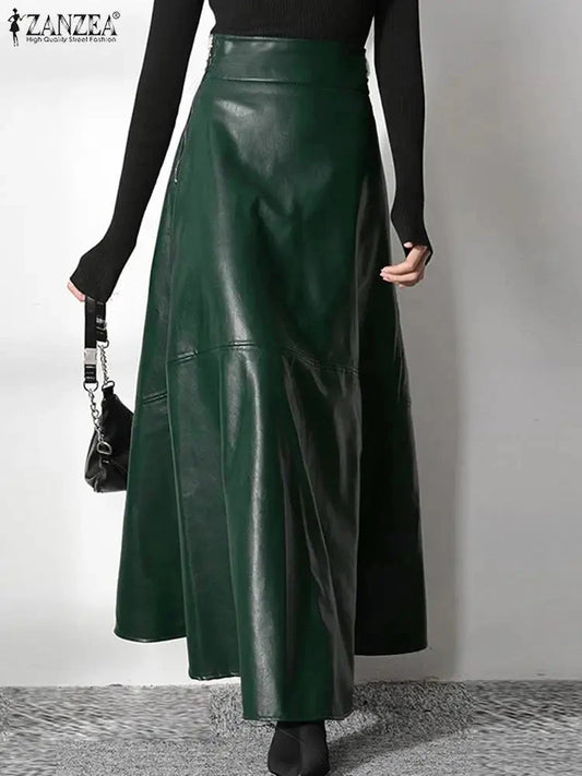 2023 Fashion Solid Mujer Faldas ZANZEA PU Leather Maxi Skirts Women's Elegant OL Long Saias Casual High Waist Zipper Jupe Femme GlowCart