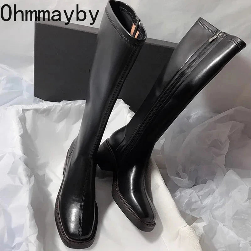 Vintage Thick Heel Women Knee High Boots Fashion Side GlowCart