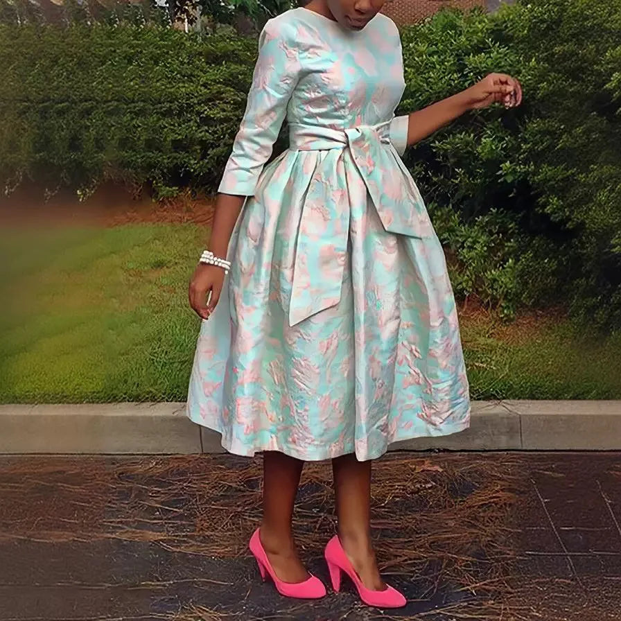 Women Print Midi Dress Cinched Waist Lace Up Splice Round Neck Dresses Casual A Line Elegant Vestidos Party Spring 2025 GlowCart