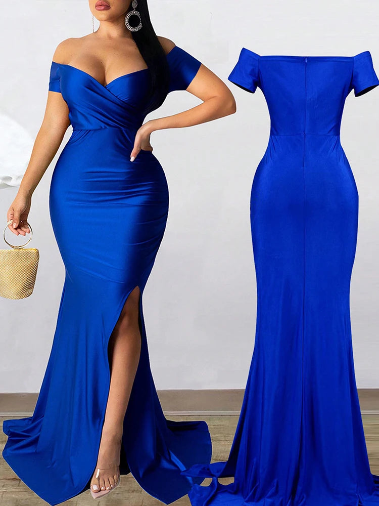 Classic High Slit Evening Dress Women Solid Maxi Long Dresses With Sleeves Wedding Bridesmaid Elegant Party Dresses 2025 Woman GlowCart