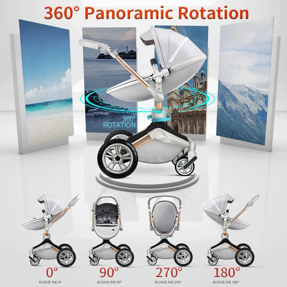 Hot Mom F023 Baby Stroller 2 in 1,Rotates 360 Degrees,PU Leather, Mosquito Net, Rain Cover, Adapter, Cup Holder, large wheels GlowCart