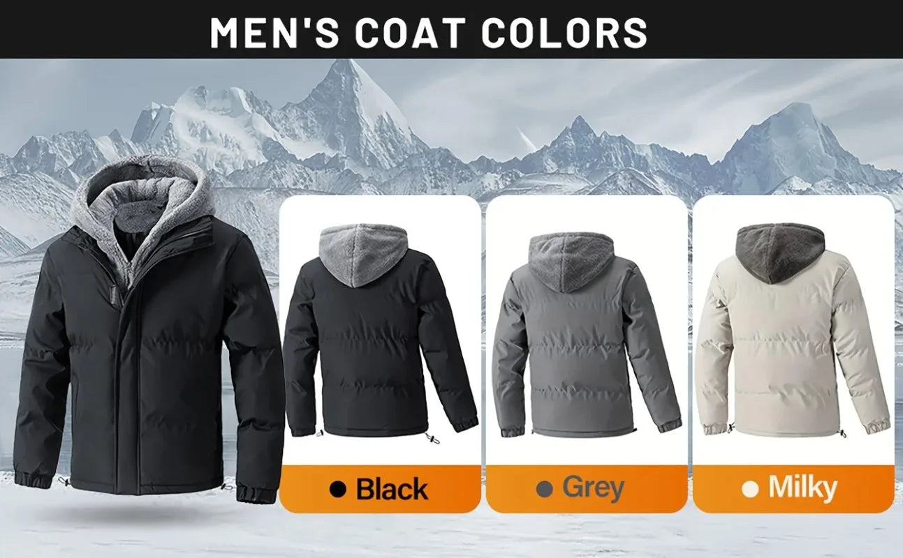Winter Windproof Men's Faux Jacket Casual Polyester Coat with Detachable Hood Zip-Up Front Long Sleeves & Pockets Winter Clothes GlowCart